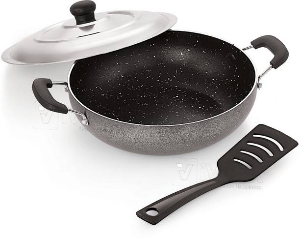 iVBOX Spatter-SS 24cm Induction Kadhai Non-Stick 2-Litre with Steel Lid Kadhai 24 cm diameter with Lid 2 L capacity