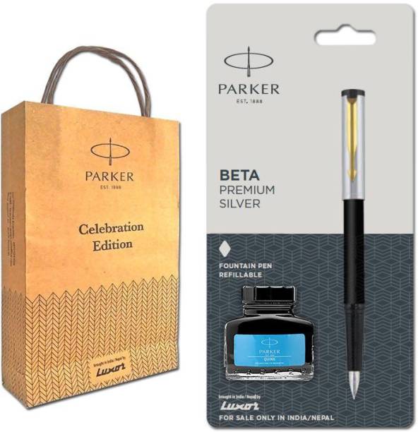 PARKER Beta Premium Silver Fountain Pen with Gold Trim and Blue Ink Bottle and Gift Bag Fountain Pen