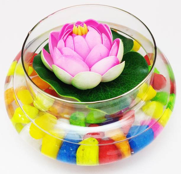 Decorzone Beautiful Round Clear Vase with Pink Faux Lotus Flower and Multicolour pebbles Earthenware Vase