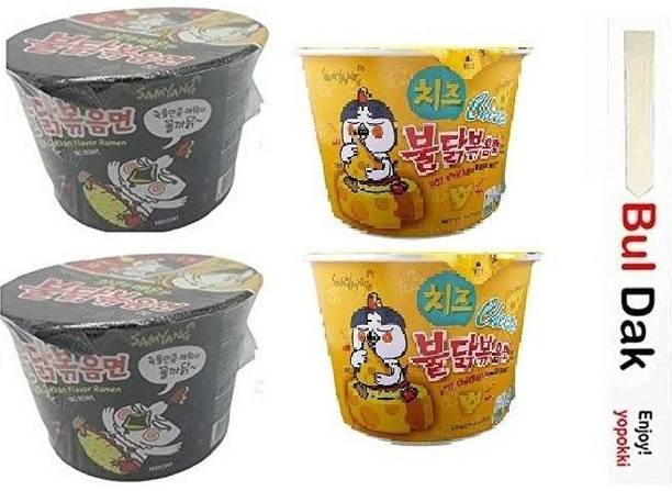 Samyang Big Cheese Bowl & stir fried Flavor Ramen Cup Noodle Soup With Chopstick 105gm*4Pack (Imported) (Pack of 4) Instant Noodles