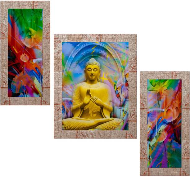 Indianara Set of 3 "Meditating Gautam Buddha" Framed Painting (3518MR) without glass 6 X 13, 10.2 X 13, 6 X 13 INCH Digital Reprint 13 inch x 10.2 inch Painting