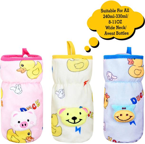 The Little Lookers Soft Plush Stretchable Baby Feeding Bottle Cover/Tote Bag/Sleeve with Easy to Hold Strap | Cute Animated Overall Print Pack of 3 (Pink,Blue & Yellow, Wide Neck 240-330ml/8-11OZ)