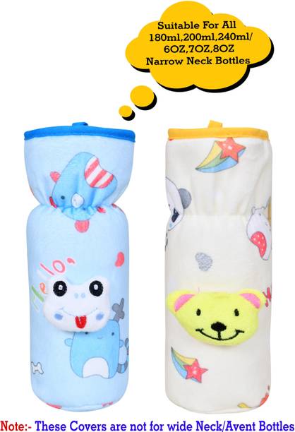 The Little Lookers Soft Plush Stretchable Baby Feeding Bottle Cover/Tote Bag/Sleeve with Easy to Hold Strap | Cute Animated Overall Print Pack of 2 (Yellow & Blue, Narrow Neck 240ml/8OZ)