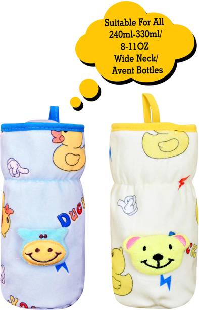 The Little Lookers Soft Plush Stretchable Baby Feeding Bottle Cover/Tote Bag/Sleeve with Easy to Hold Strap | Cute Animated Overall Print Pack of 2 (Blue & Yellow, Wide Neck 240-330ml/8-11OZ)