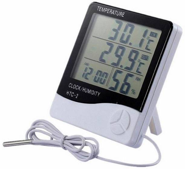 GoodsBazaar Multifunctional Htc-2 Hygrometer Digital Lcd Humidity Meter Thermohygro Htc 2 Indoor Outdoor Humidity Tester Weather Station With Max/Min Memory + C°/F° Key + Temperature + Data Store + Time Function + Alarm Clock + Calendar + Relative Humidity Room Wall Thermometer With External Wired Probe Sensor Built-In Detector Electronic Temperature Gauge Htc2 Digital Pin-Type Digital Moisture Measurer