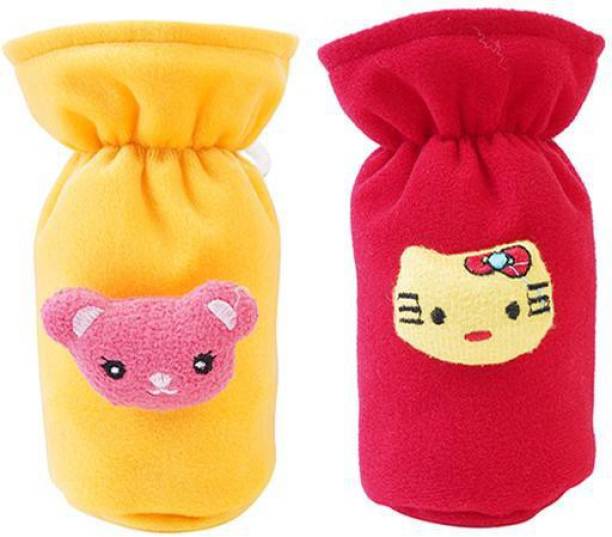 Da Anushi Soft Plush Stretchable Baby Feeding Bottle Cover Easy to Hold Strap With Cute Animated Cartoon|Suitable for 60-125 Ml Feeding Bottle(Yellow-Dark Red)