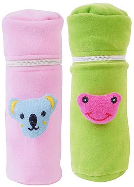 Da Anushi Soft Plush Stretchable Baby Feeding Bottle Cover Easy to Hold Strap and Zip|Suitable for 130 ML-250 ML Feeding Bottle-Green-Light Pink