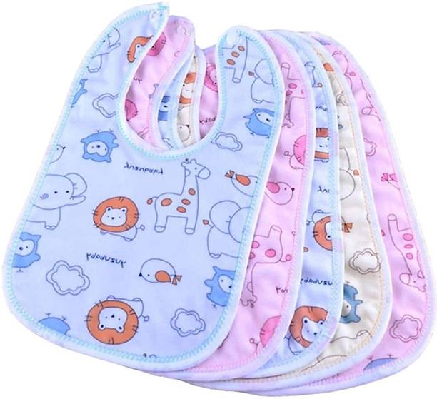 Kidsify Baby Button Bibs Apron for Feeding and Drooling Cute Animated Print with Tich Button Double Layered Waterproof (Pack of 5)