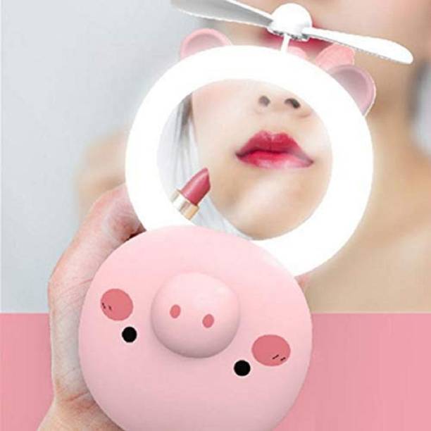 Renyke Mini Mirror Makeup Beauty Light Fan for ( Women/Girls ) 3 in 1 USB Rechargeable Makeup Mirror + LED Light + Folding Fan USB Fan, Led Light ( Multicolor )