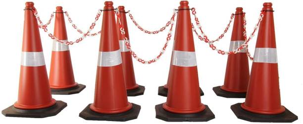 Ladwa Road Traffic Cone, Pack of 8 cones 750mm, with 8 mtr chain + 8 hooks, (Safety Cone, Traffic Safety Cone, Road Safety Cone with Reflective Strips Collar) Emergency Sign