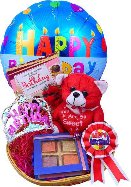 MANTOUSS Birthday gift girlfriend/boyfriend/Birthday hamper-Box of chocolates+Teddy Bear+Birthday Balloon+Birthday batch+Crown+Birthday greeting card Wooden, Cotton, Plastic, Paper Gift Box