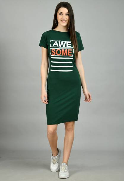 AAYU Women T Shirt Green Above Knee/Mid Thigh Length Dress