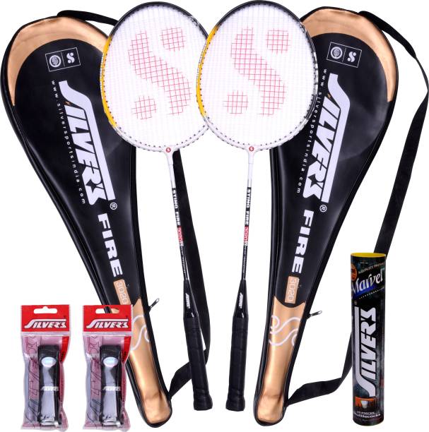 Silver's Fire (2 Badminton Rackets with Cover, 10 Plastic Shuttlecock and 2 PVC Grips) Badminton Kit