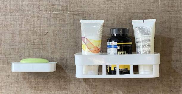 VRAVMO Plastic Inter Design Bathroom Kitchen Organize Shelf Rack Shower Corner Caddy Basket with Waterproof Soap Dish Holder with Sticker No Drilling Required ( 2 PC Soap Dish and Shelf Rack Shower )