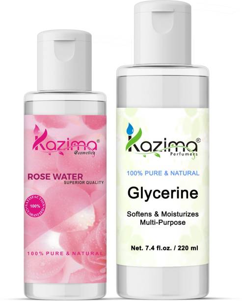 KAZIMA Combo of Glycerin (220ML)+Rosewater (100ML) Ideal for Face, Skin lightening, Dark circles, Oily skin, Glowing skin, Wrinkle