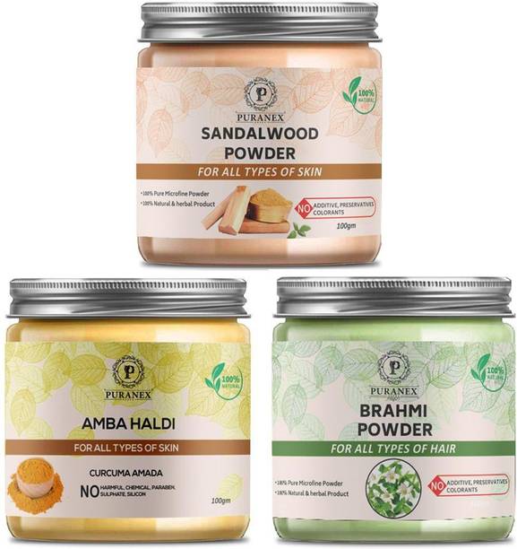puranex 100% Natural & Pure Sandalwood Powder For Removal of Sun Tan and Dullness,Gives Natural Soft, Reducing Blemishes and Remove Acne, Glowing & Shiny Skin & Amba Haldi Powder For Fairness, Remove Acne & Boils, Remove Scars, Keeps Away Wrinkles & Brahmi Powder For Natural Texture, Strong, Shiny, Spilt ends & Dandruff Free Hair (Face Pack & Hair Pack for Men & Women) 300 GM (Pack of 3) 100 GM Each