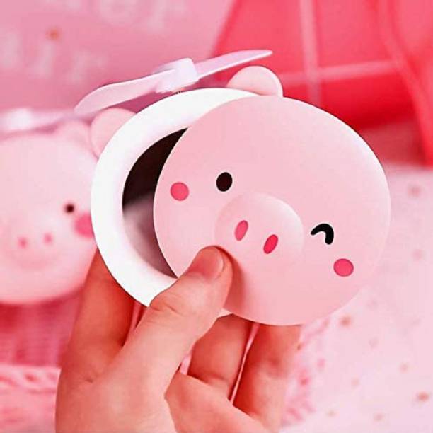 Renyke USB Mini Handheld Small Fan Led Makeup Mirror With Light Mute Rechargeable Portable Pigy Beauty Mirror Ins Cartoon Birthday Gift