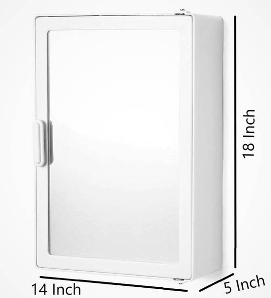 Maskey Pearl White (Size: 18 x 14 x 5 Inches, Large) Premium Virgin Quality ABS Material Bathroom Mirror Single Door Cabinet with Storage Shelves Plastic Wall Shelf
