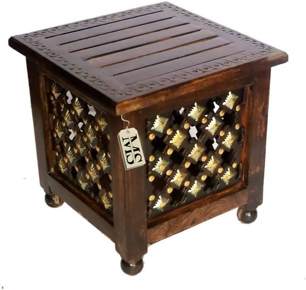 manzees Beautiful Antique Wooden Stool with Brass Cutting Design Storage Stool for Living Room, Office and Bedroom Furniture (Brown, 12 X 12 X 12 Inches) Solid Wood Corner Table