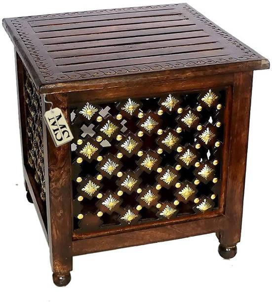 manzees Beautifull Antique Wooden Storage Stool with Brass Cutting Design Storage Stool for Living Room, Office and Bedroom Furniture (Brown, 15 X 15 X 15 Inches) Solid Wood Corner Table