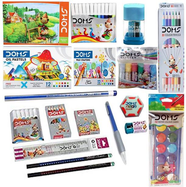 DOMS Drawing Book + BI Colour pencil (6pencil) + Oil Pastel (12shades) + Water Coloour Cake (12shades) + Wax Crayon (12shades) + Water Colour Pen (12shades) + Glitter (6shades) + Pencil + Eraser-Sharpner + Wax Crayons (6shades) + Half Size Colour Pencil (6shades) + Water Colour Pen (6shades) + Scale (15cm) + Neon Eraser + Extra long pencil sharpener + Fusion Pencil (2pencil) + Mechanical Pencil
