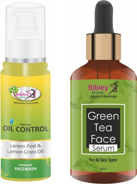 Sibley Beauty Green Tea Face Serum ( 1 x 50 ml ) + Oil Control Lemon Peel & Lemongrass Oil Face Wash ( 1 x 100 ml ) - Pack of 2 - for Men Women Boys Girls Oily Normal Dry Combination Skin