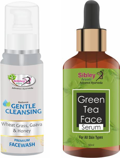 Sibley Beauty Green Tea Face Serum ( 1 x 50 ml ) + Gentle Cleansing Face Wash ( 1 x 100ml ) - Pack of 2 - For Wrinkles Skin Glowing brightening face Serum for men, women, girls, boys, oily, dry, normal, combination skin