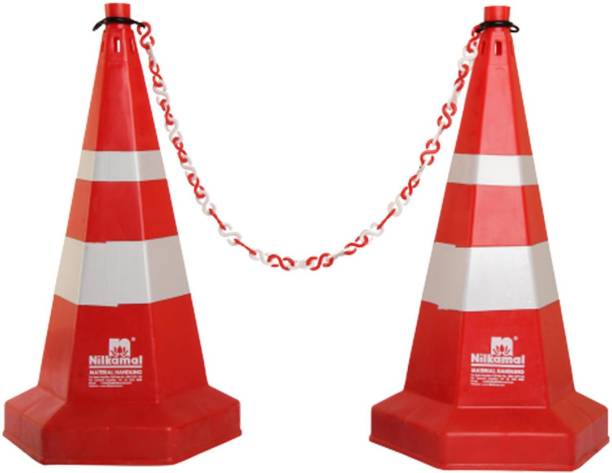 Ladwa Nilkamal Road Traffic Safety Cone, Pack of 2 cones 750mm, with 2 mtr chain + 2 hooks, Safety Cone, Traffic Safety Cone, Road Safety Cone with Reflective Strips Collar Emergency Sign