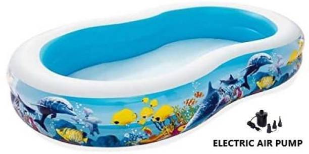 YOUNG STAR (IND*3) FOR YOURS FAMILY STARS LOVELY KIDS AND BABIES WITH ADULTS,PREMIUM (FISH*IND *1) JUMBO PREMIUM 8.7 FEETS(2.62m) LENGTH and 5.75 FEETS(1.57m) WIDTH ,HEIGHT-46cm,SEA UNDER WATER BLUE FISHES PRING FULL FAMILY SIZE RECTANGULAR WATER BATH SWIMMING POOL FOR KIDS AND ADULTS . BEST SELLER ,PEOPLE CHOICE BIG SIZE 8.7 FEETS JUMBO FAMILY WATER SWIMMING POOL FOR ALL AGE GROUP FAMILY MEMBERS. Inflatable Swimming Pool WITH electric air pump (Blue) Inflatable Swimming Pool, Inflatable Swimming Pool, Inflatable Toy Pump