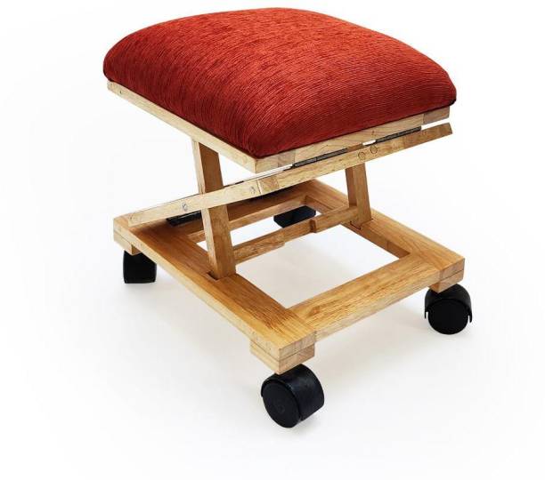 Solvd-in-box Stoolux Rubber Wood Adjustable Footstool with Wheels and Cushion Fabric Upholstered Stool