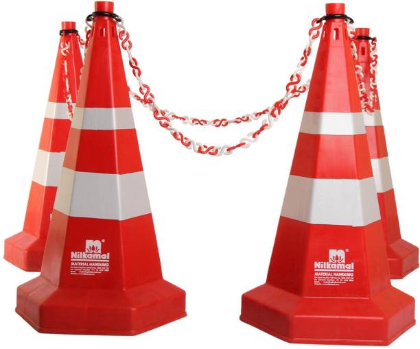 Ladwa Road Traffic Safety Cone, Pack of 4 cones 750mm, with 4 mtr chain + 4 hooks, Safety Cone, Traffic Safety Cone, Nilkamal Road Safety Cone with Reflective Strips Collar Emergency Sign