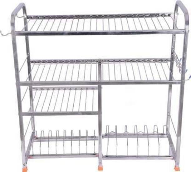 USAENTERPRISES Utensil Kitchen Rack Steel Stainless Steel 4 Shelf Wall Mount Kitchen Utensils Rack | Dish Rack with Plate & Cutlery Stand | Modular Kitchen Storage Rack | Kitchen Organizer (24 x 24inches)
