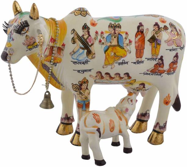 KC PRODUCTS Polyresin Hand Painted Kamdhenu Cow with Calf God Figure Showpiece Decor Decorative Showpiece  -  9 cm