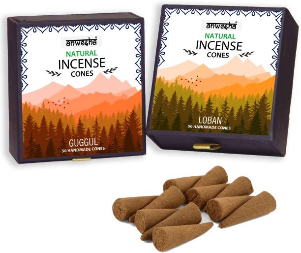 Anwesha Ritual Premium Incense Cones Pack - 100 Cones - 2 Fragrance - Guggul and Loban Guggul Dhoop