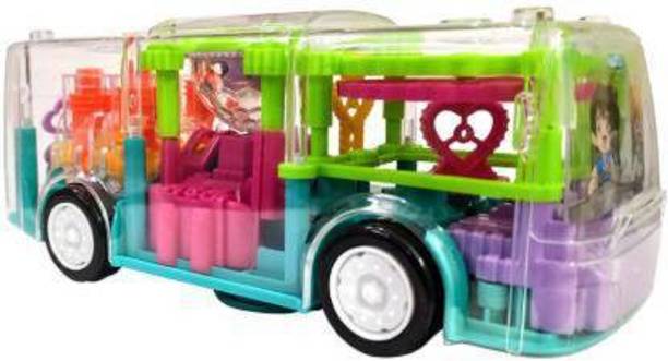 jmv Multifunctional Gear Light Bus Toy with Mechanical Gears Simulation, Transparent Body,3D Lights,