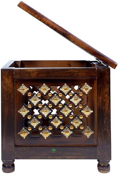 Smarts collection Beautiful Antique Wooden Stool with Brass Cutting Design Storage Stool for Living Room and Bedroom Furniture (Brown,12 X 12 X 12 Inches) Solid Wood Corner Table