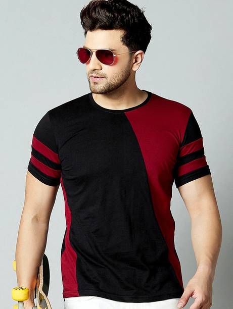 Stylish T-Shirts for Men BLACK & RED Men Colorblock Round Neck Cotton Blend Multicolor T-Shirt