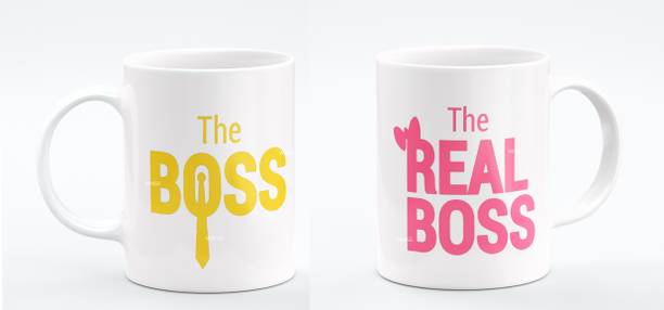 WINGS MART "The Boss The Real Boss" Couple Gift Set for Couple Husband Wife Bhaiya Bhabhi Didi Jiju Anniversary - - 2 (Piece) Ceramic Coffee Mug