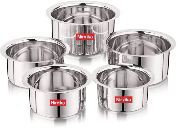 Nirvika Stainless Steel Serving Bowl 5 Pcs Stainless Steel flat Bottom Container Set/Tope/tapeli/patila Cookware Set heavy Gauge (Capacity 425ml, 550ml, 850ml, 1250ml, 1500ml Approximately) Strong-Durable-Reliable Tope Set (Stainless Steel)