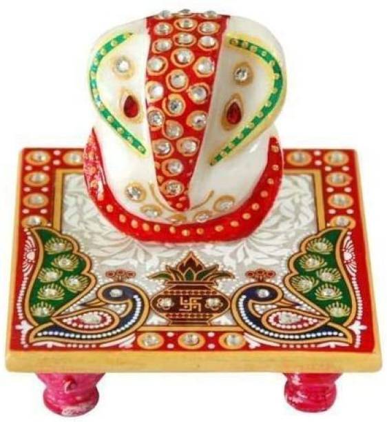 NRSON Handcrafted White Marble Chowki Ganesh/GANESH JI/Eco Friendly Lord Ganesha Ganpati Idol Figurine/White Marble Chowki Ganesh Handcrafted Resine Little Ganesh Sculpture for Home Decoration Decorative Showpiece  -  7.6 cm