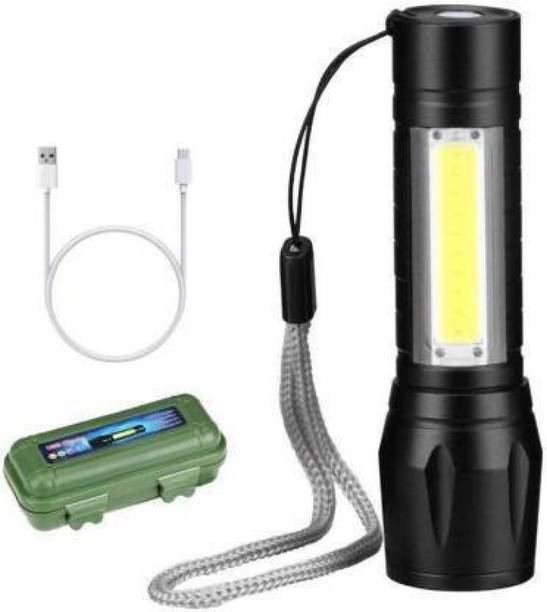 awza Zoomable XPE + COB LED Flashlight, Super Bright LED Torch,Waterproof Flashlight,4 Light Modes For Camping Hiking and Emergency Use Torch (Black : Rechargeable) 6 hrs Torch Emergency Light