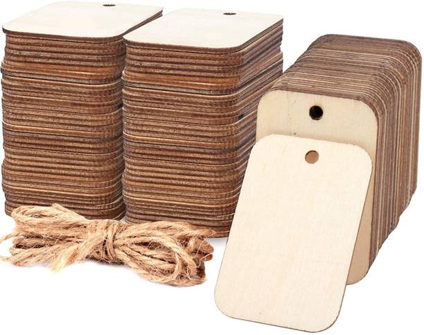 DI-KRAFT 50 Pcs Unfinished Wood MDF Cutouts Rectangle-Shaped, Wooden Cutout with Hole 2M Rope, MDF Boards for Art and Craft Projects, Hanging Decorations, Painting Pine Wood Veneer