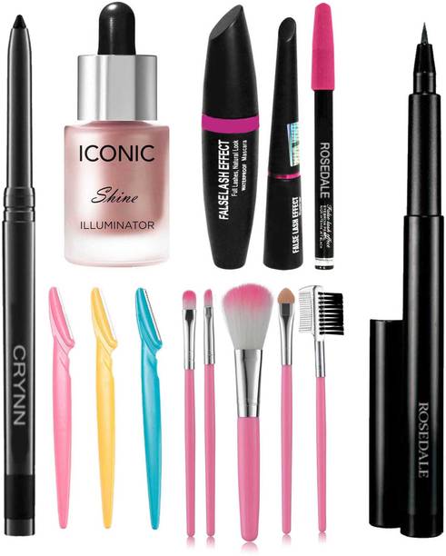 Crynn Smudge Proof Waterproof Kajal & Studio Professional Iconic Shine Illuminator Highlighter & 3in1 Eyeliner , Mascara , Eyebrow Pencil & Set of 5 Makeup Brush & Tinkles Facial Eyebrow Hair Shaver & 36H Ultra Black Precision Eyeliner