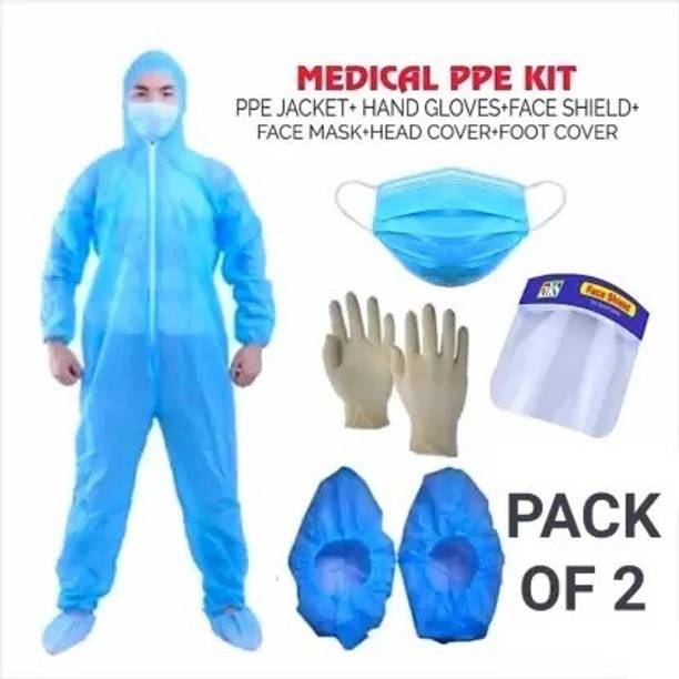 RRHR SALES PPE KIT ( For High Risk Users) Medical Disposable Protective Coverall Suits (PP Non Woven Laminated With FACE SHIELD & SHOE COVER) Safety Jacket/ Personal Protective Kit (Pack of 2) Safety Jacket