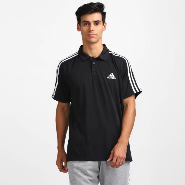 Men Striped Polo Neck Polyester Black T-Shirt Price in India