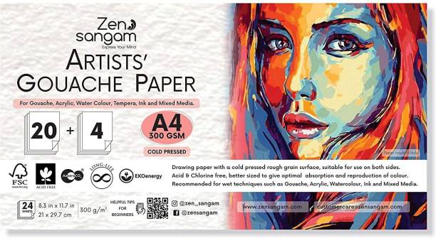 Zen Sangam Artists' Gouache Painting Paper - 300GSM, A4 Size (21x29.7cm) - Cold Pressed Rough Grain Surface, Contains 24 Sheets, Acid Free - for Gouache, Acrylic, Watercolour, Tempera and Mixed Media Unruled A4 300 gsm Watercolor Paper