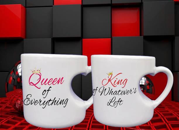 V Kraft "king of whatever's left and queen of everything " couple matching mug set of 2 unique heart shape inner cut coffee mug\tea cup for birthday anniversary rakhi and any other special day love quote printed Ceramic love | Perfect Gift to Anyone On Any Occasion | Coffee\milk mug & Tea Cup | Pack of 2 Ceramic Coffee Mug