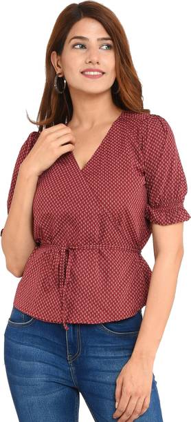 Ganeevouge Casual Half Sleeve Printed Women Maroon Top