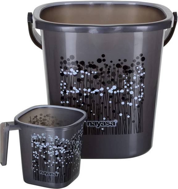 NAYASA Funk Square DLX 2 Pcs Bathroom Set (Bucket 25 L+Mug 1.5 L) Black 30 L Plastic Bucket