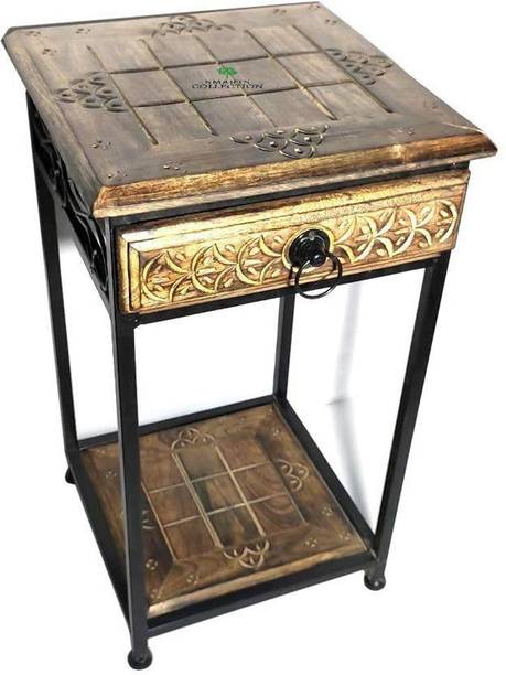 Smarts collection Wooden and Wrought Iron Side End Coffee Table Walnut Finish Size 18x12x12 inch Solid Wood Side Table